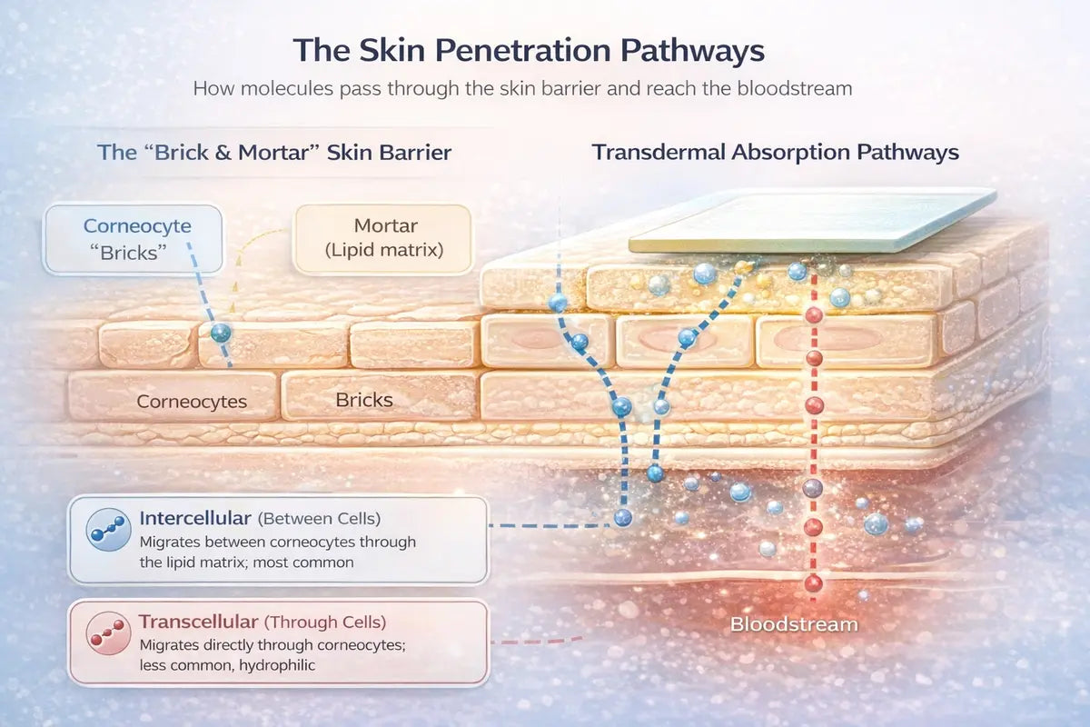 Diagram showing intercellular and transcellular pathways through skin cells. Size: 1200 x 550px